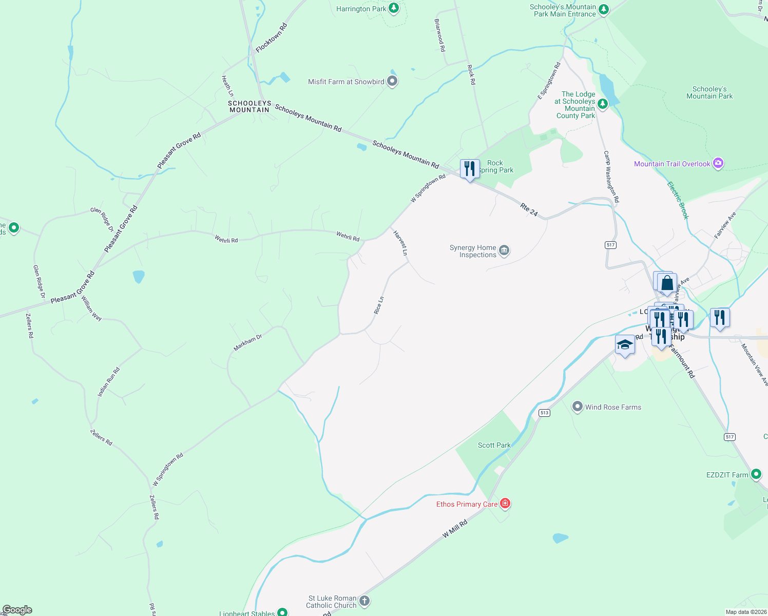 map of restaurants, bars, coffee shops, grocery stores, and more near 12 Rice Lane in Washington Township