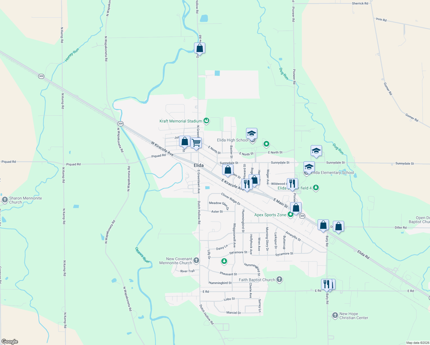map of restaurants, bars, coffee shops, grocery stores, and more near 203 East Kiracofe Avenue in Elida