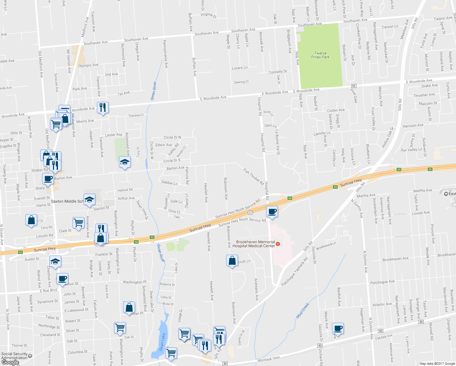 map of restaurants, bars, coffee shops, grocery stores, and more near 433 Robinson Avenue in Patchogue