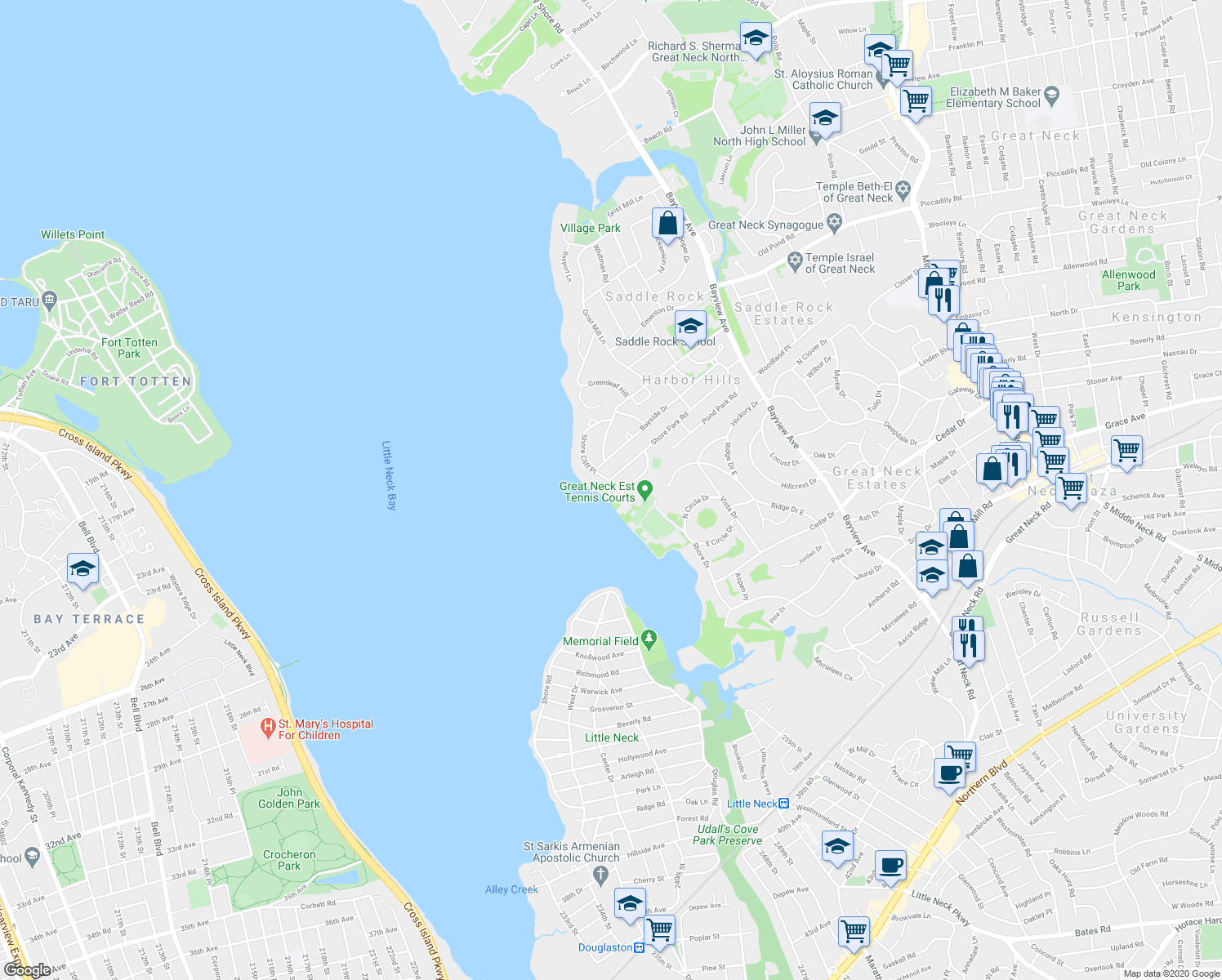 map of restaurants, bars, coffee shops, grocery stores, and more near 6 Shore Cliff Place in Great Neck