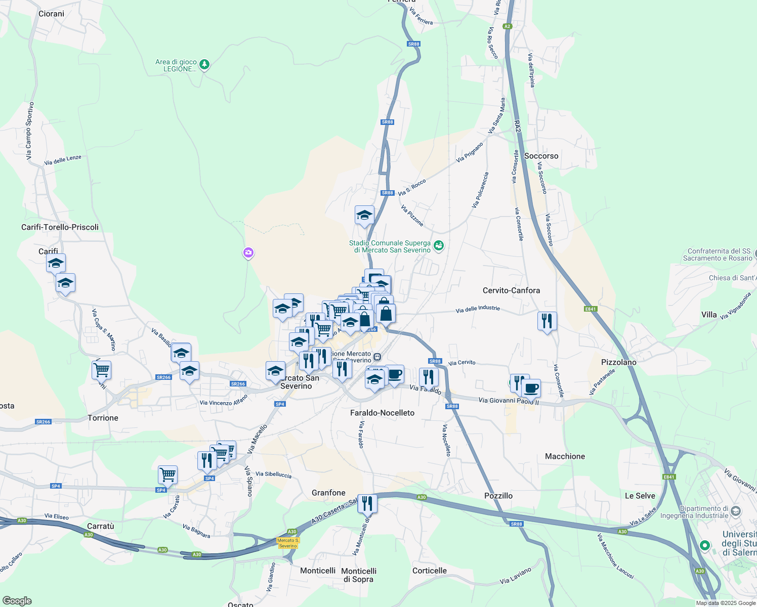 map of restaurants, bars, coffee shops, grocery stores, and more near 22 Piazza Dante Alighieri in Mercato San Severino