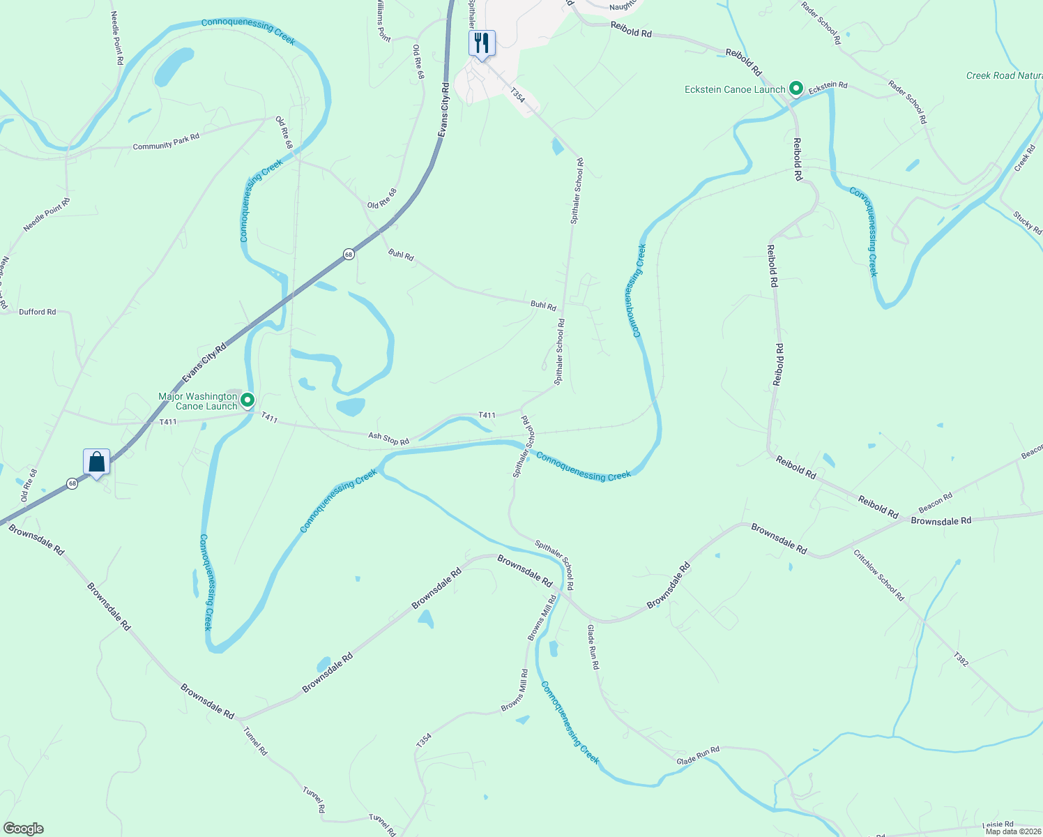 map of restaurants, bars, coffee shops, grocery stores, and more near 189 Spithaler School Road in Evans City