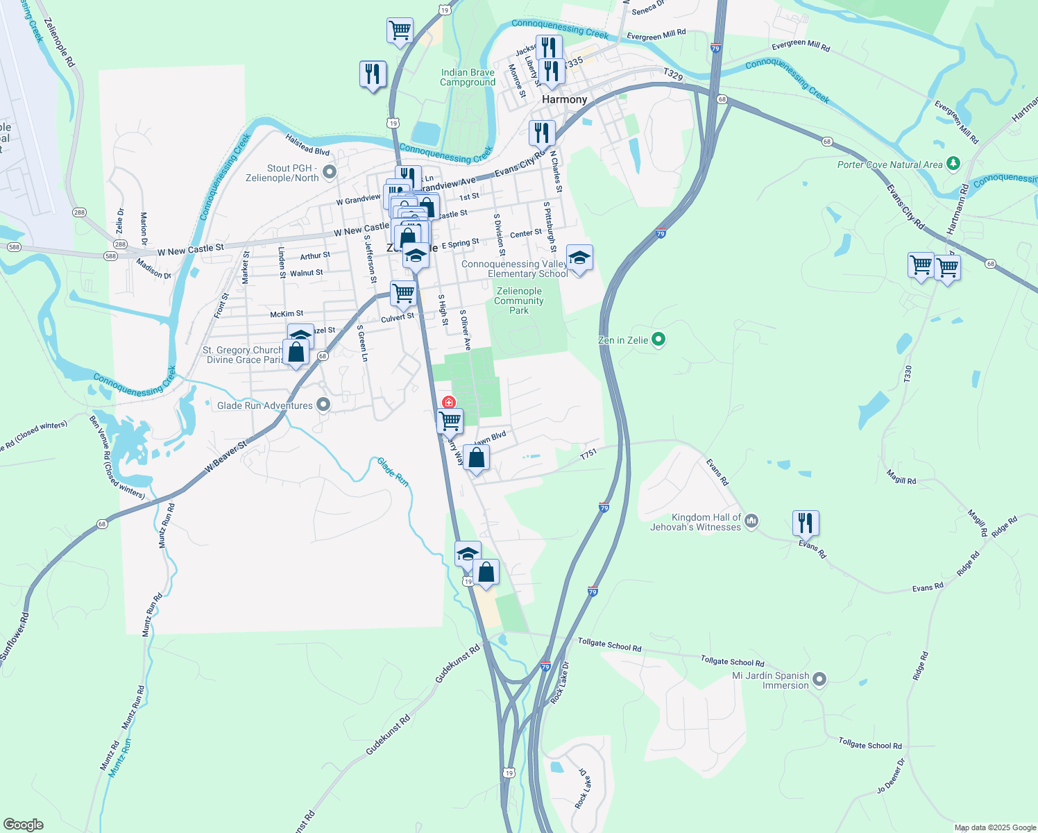 map of restaurants, bars, coffee shops, grocery stores, and more near 202 Dominican Way in Zelienople