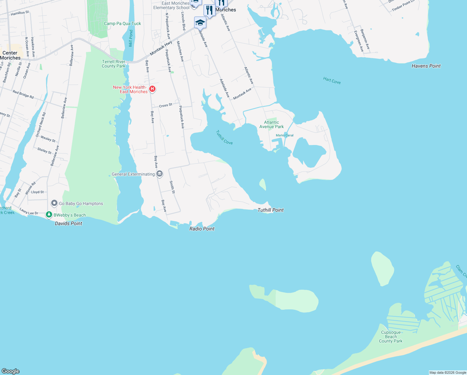 map of restaurants, bars, coffee shops, grocery stores, and more near 71 Tuthill Point Rd in East Moriches