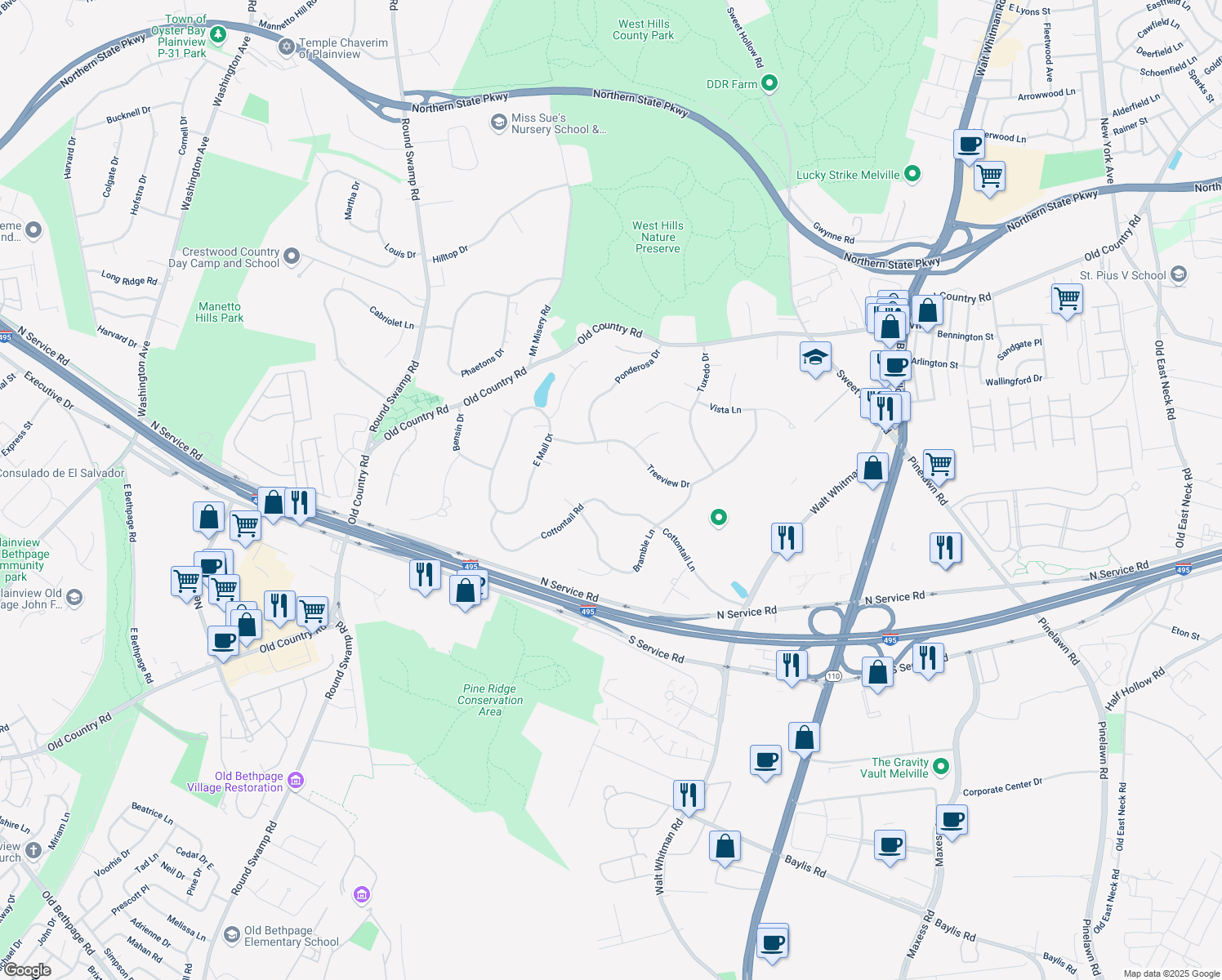 map of restaurants, bars, coffee shops, grocery stores, and more near 9 Cottontail Road in Melville