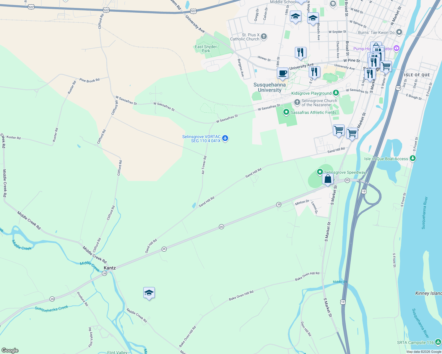 map of restaurants, bars, coffee shops, grocery stores, and more near 1035 Sand Hill Road in Selinsgrove