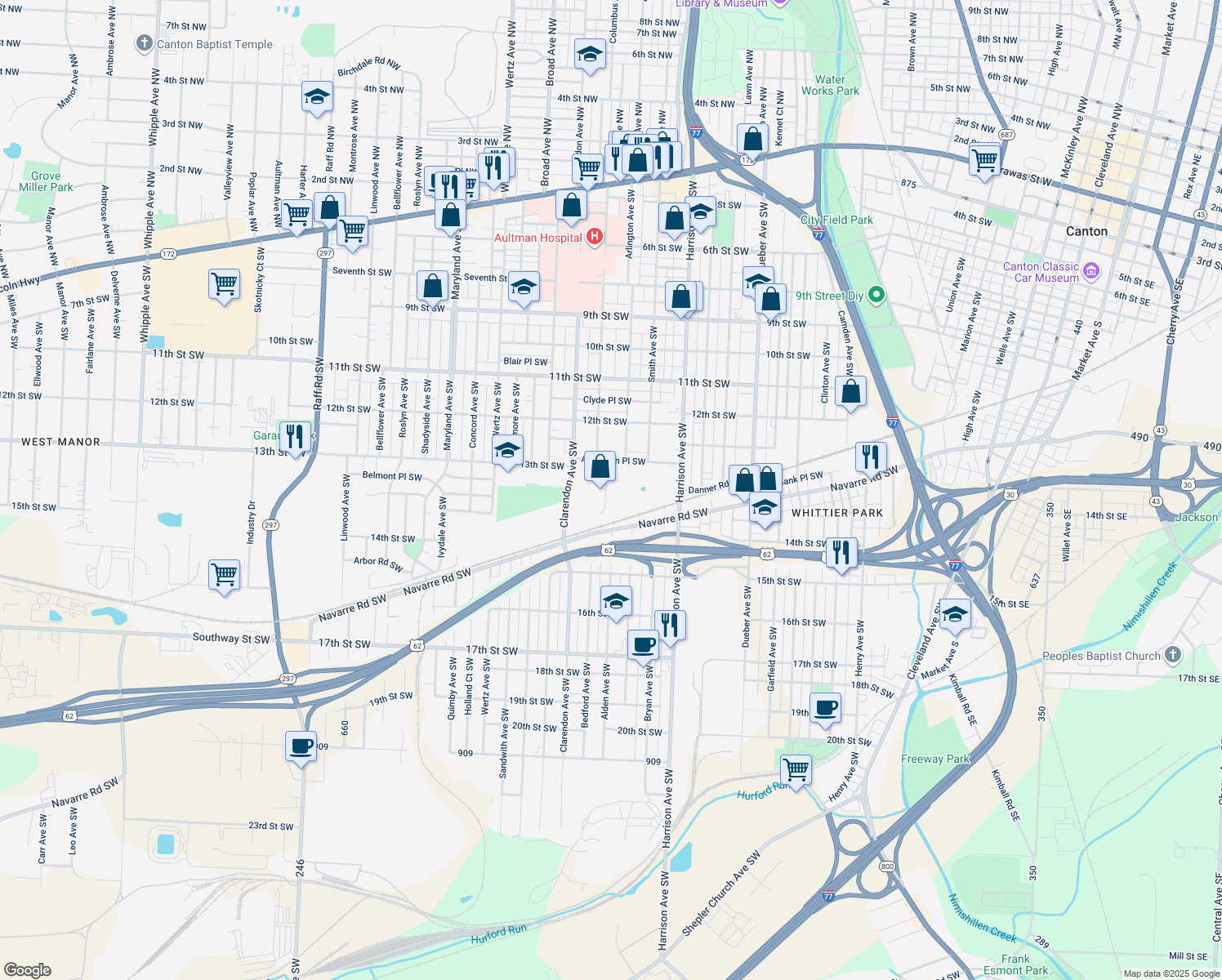 map of restaurants, bars, coffee shops, grocery stores, and more near 1250 Bedford Avenue Southwest in Canton