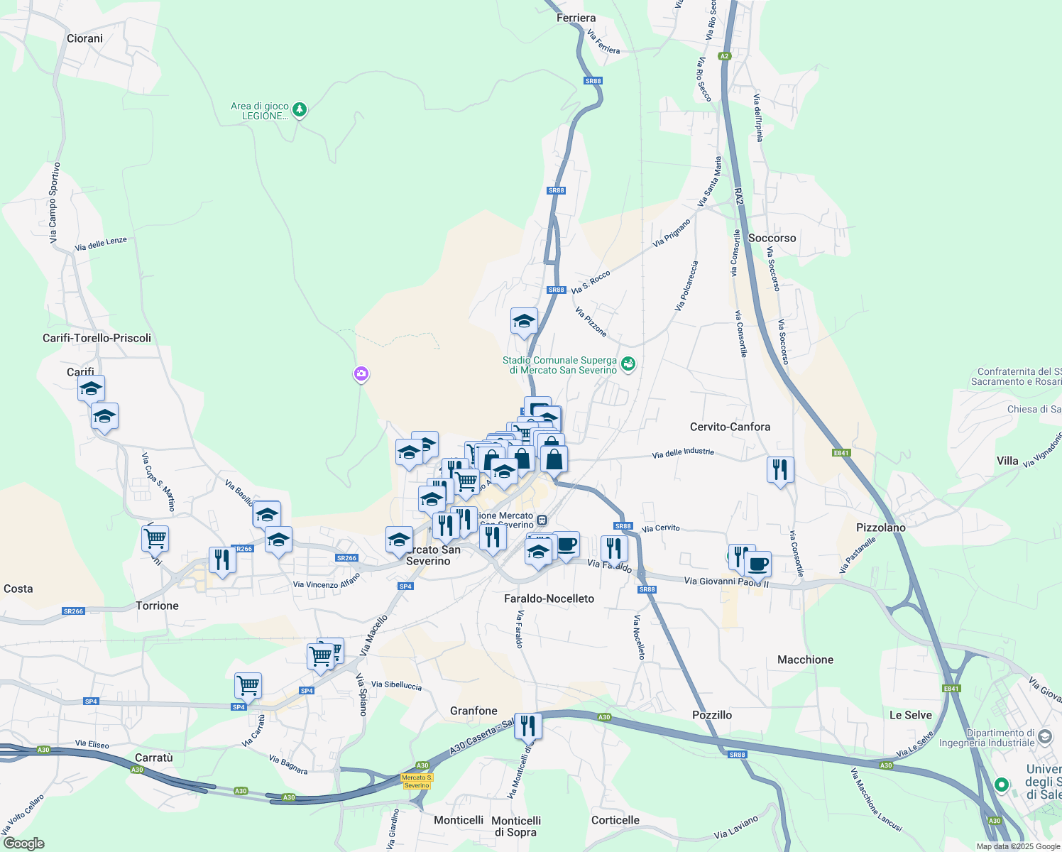 map of restaurants, bars, coffee shops, grocery stores, and more near 56 Via dei Due Principati in Province of Salerno