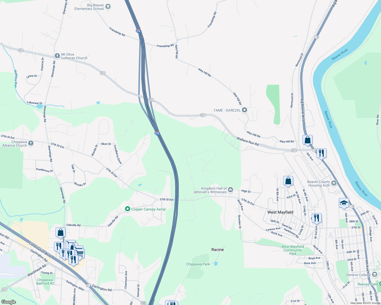 map of restaurants, bars, coffee shops, grocery stores, and more near 109 Smith Ln in Beaver Falls