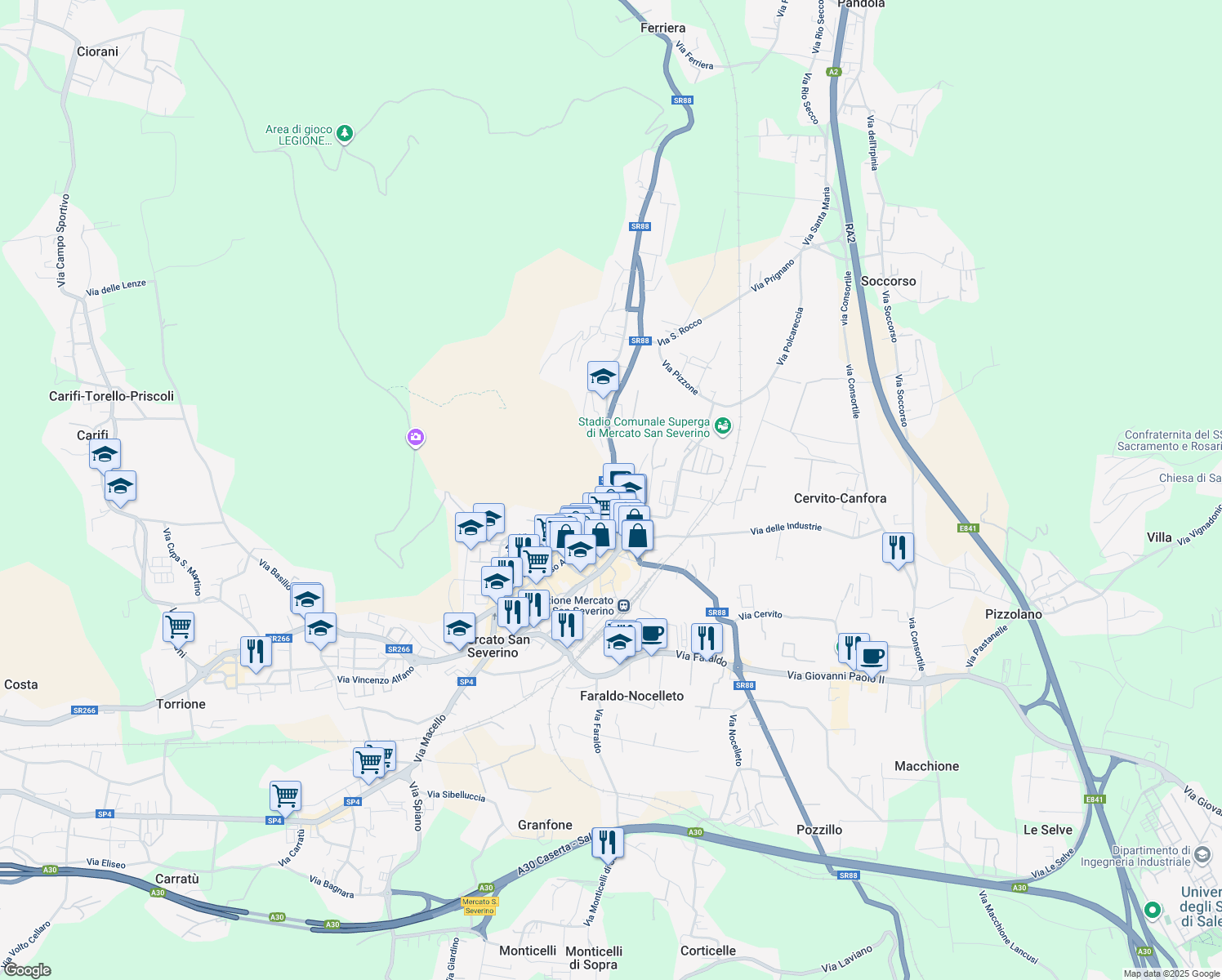 map of restaurants, bars, coffee shops, grocery stores, and more near 56 Via dei Due Principati in Mercato San Severino