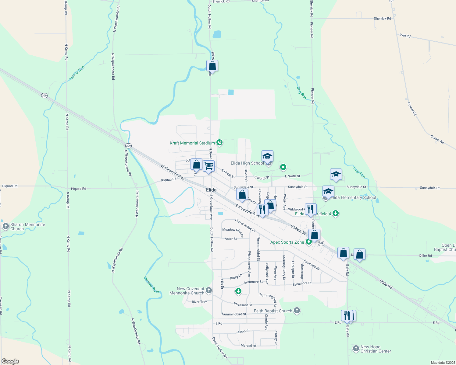 map of restaurants, bars, coffee shops, grocery stores, and more near 123 East Main Street in Elida