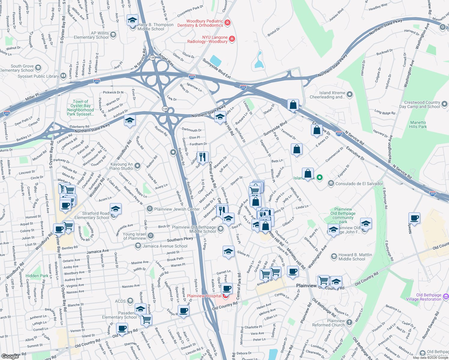 map of restaurants, bars, coffee shops, grocery stores, and more near 38 Main Parkway in Plainview