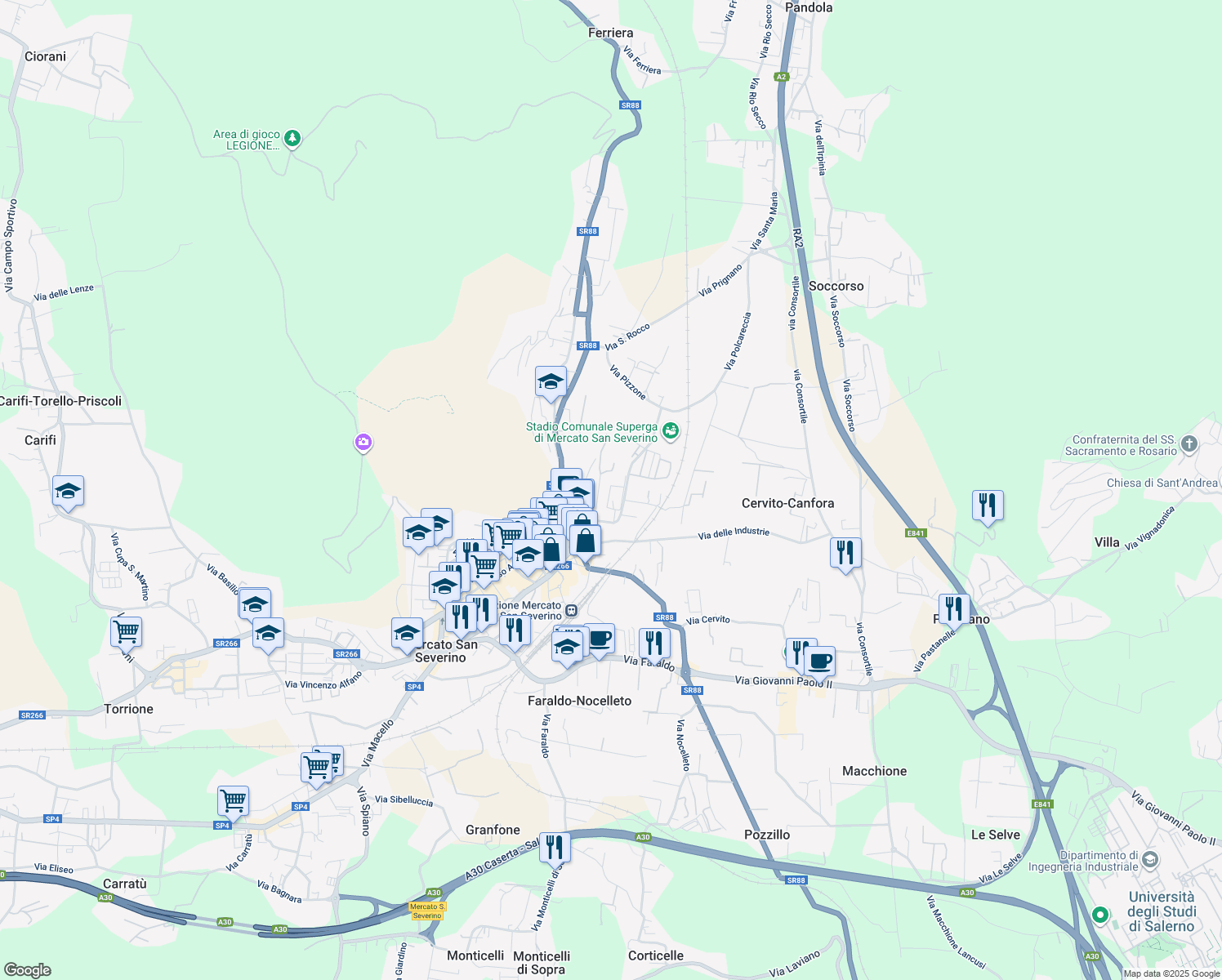 map of restaurants, bars, coffee shops, grocery stores, and more near 153 Via Regina Pacis in Mercato San Severino