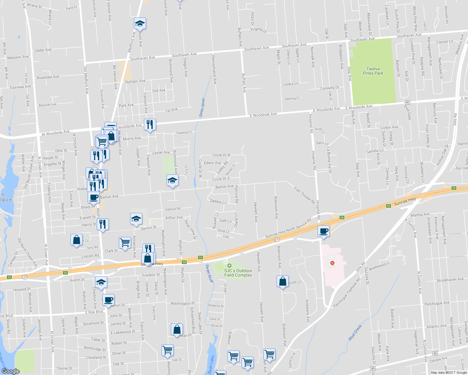 map of restaurants, bars, coffee shops, grocery stores, and more near 338 Barton Avenue in Patchogue