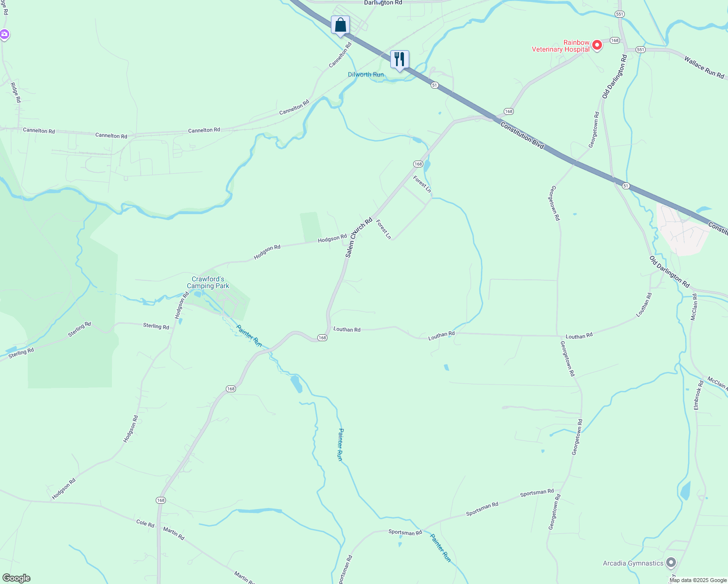 map of restaurants, bars, coffee shops, grocery stores, and more near 469 Pennsylvania 168 in Darlington