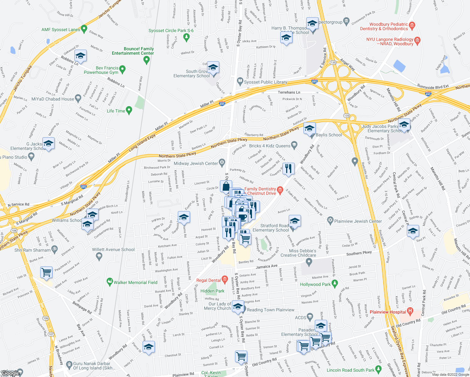 map of restaurants, bars, coffee shops, grocery stores, and more near 42 Market Drive in Syosset