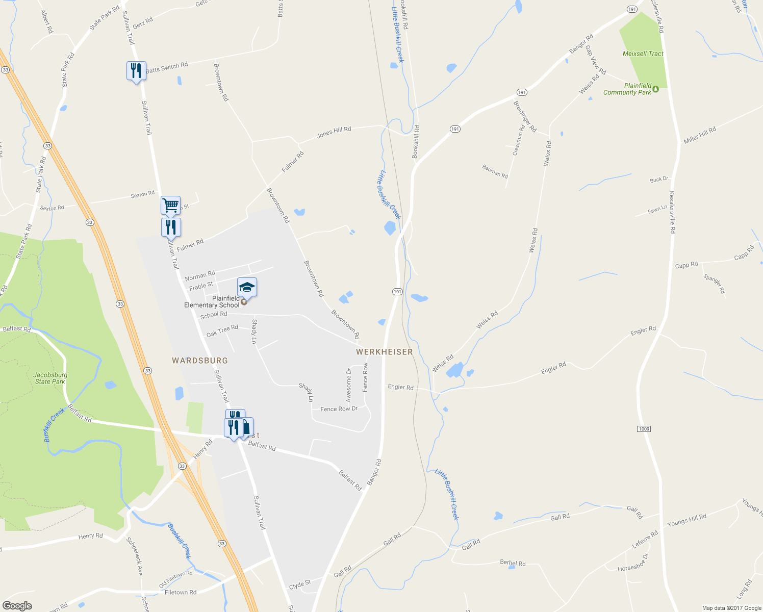 map of restaurants, bars, coffee shops, grocery stores, and more near 873 Bangor Road in Nazareth