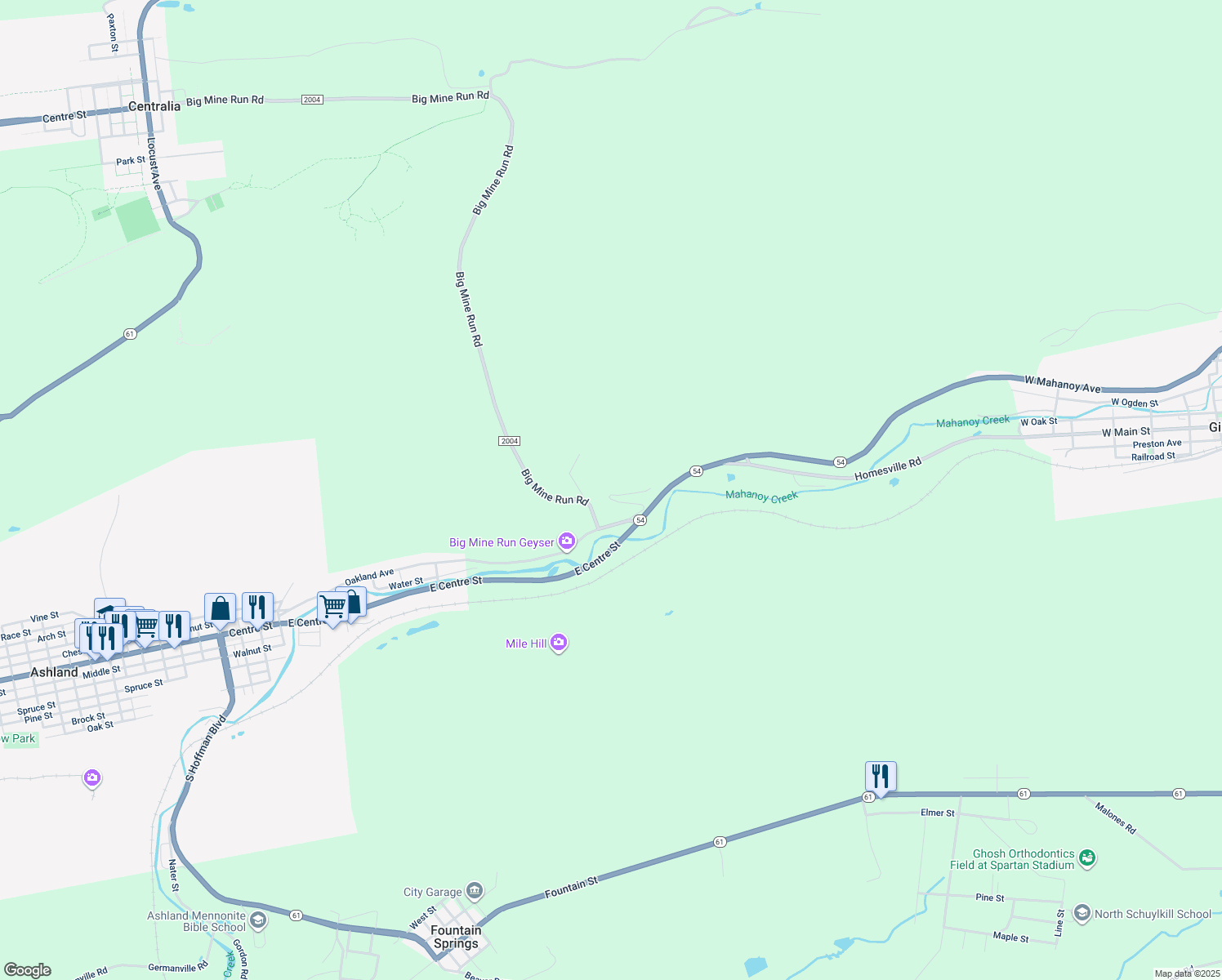 map of restaurants, bars, coffee shops, grocery stores, and more near 2 Woodland Heights in Ashland