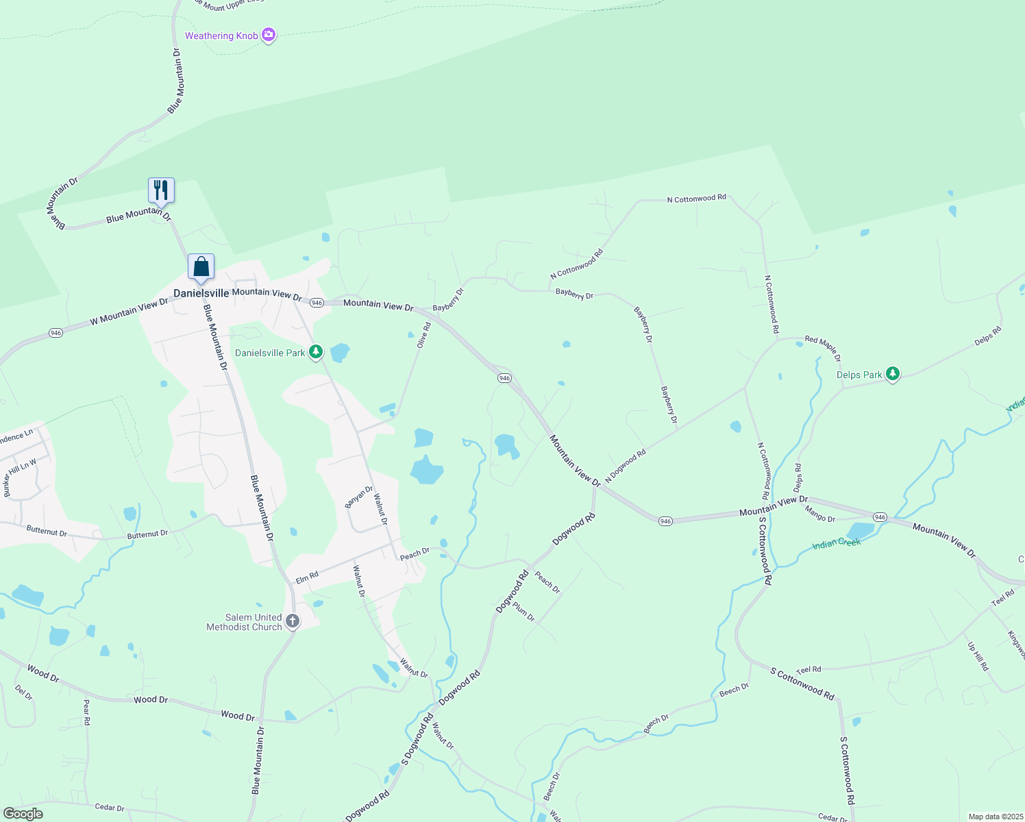 map of restaurants, bars, coffee shops, grocery stores, and more near 1140 East Stateside Drive in Danielsville