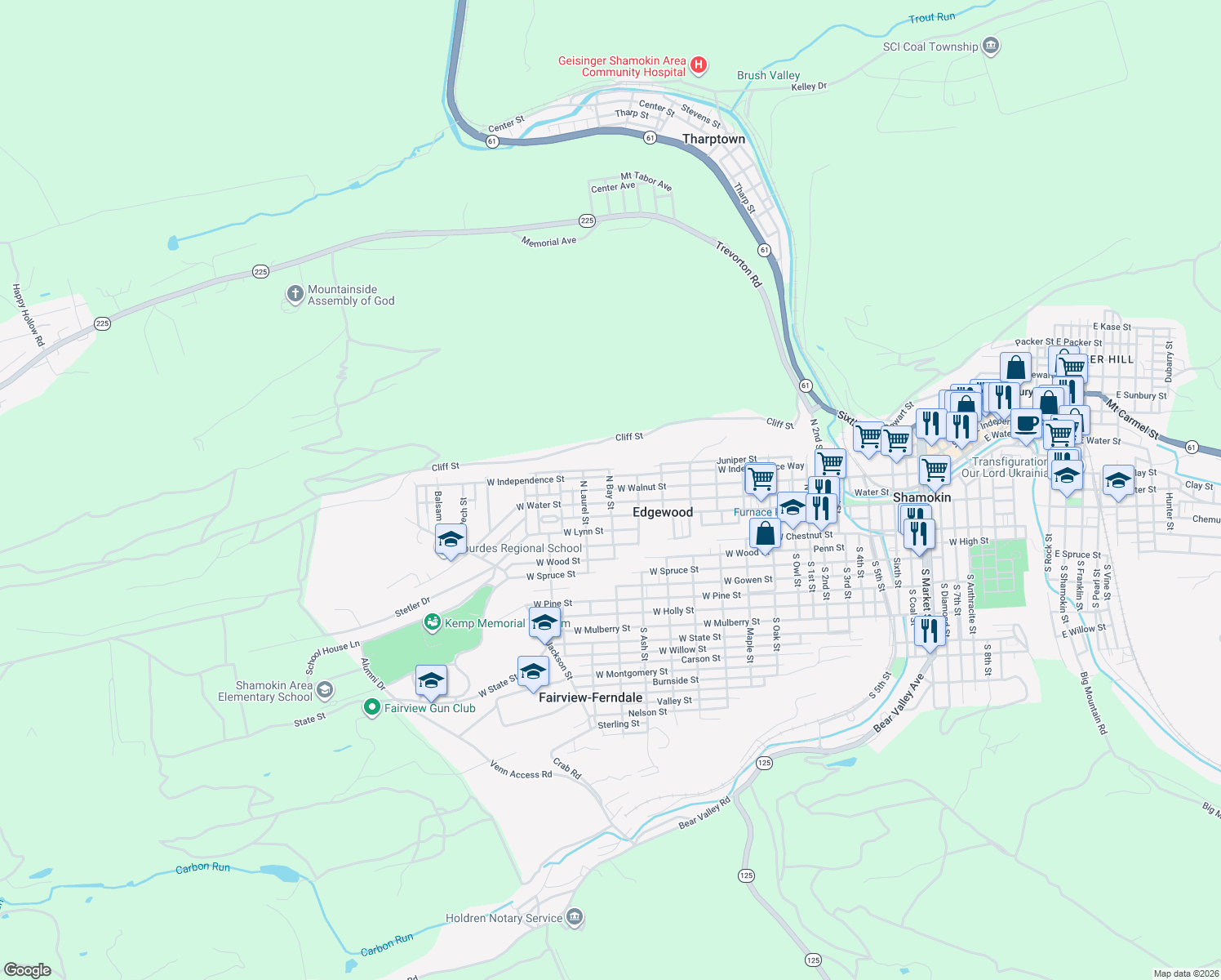 map of restaurants, bars, coffee shops, grocery stores, and more near 1499 W Walnut St in Township of Coal