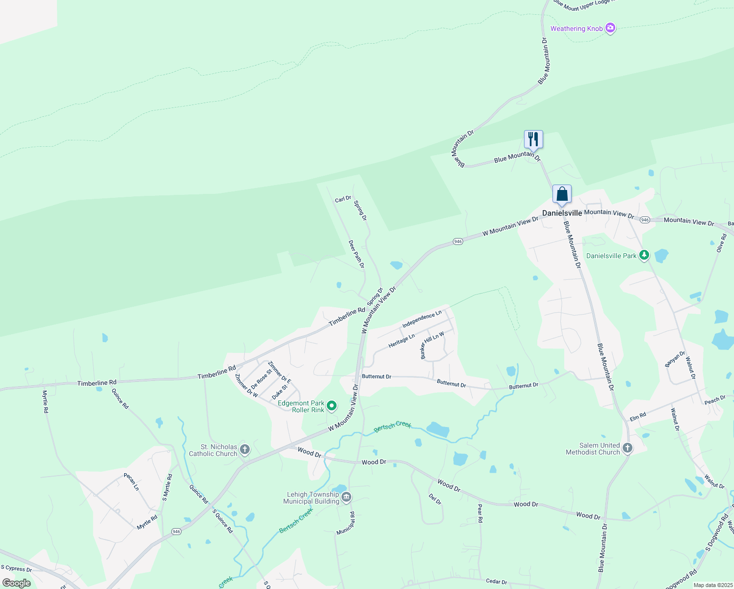 map of restaurants, bars, coffee shops, grocery stores, and more near 1306 Deer Path Drive in Walnutport