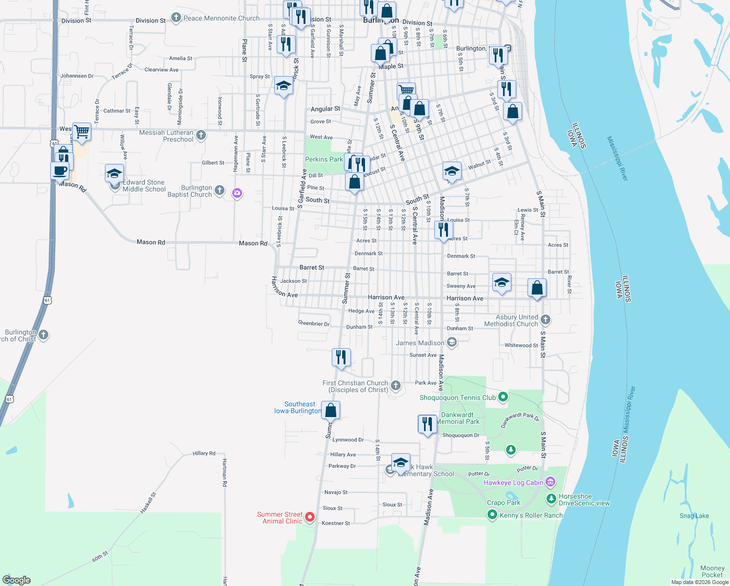 map of restaurants, bars, coffee shops, grocery stores, and more near 1823 South 15th Street in Burlington