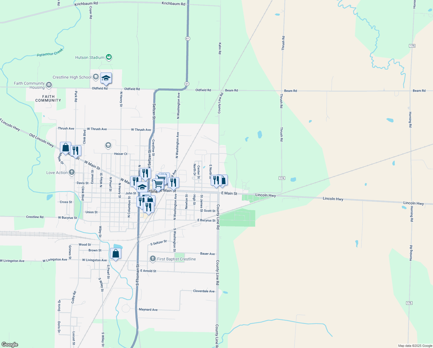 map of restaurants, bars, coffee shops, grocery stores, and more near 581 County Line Rd in Crestline