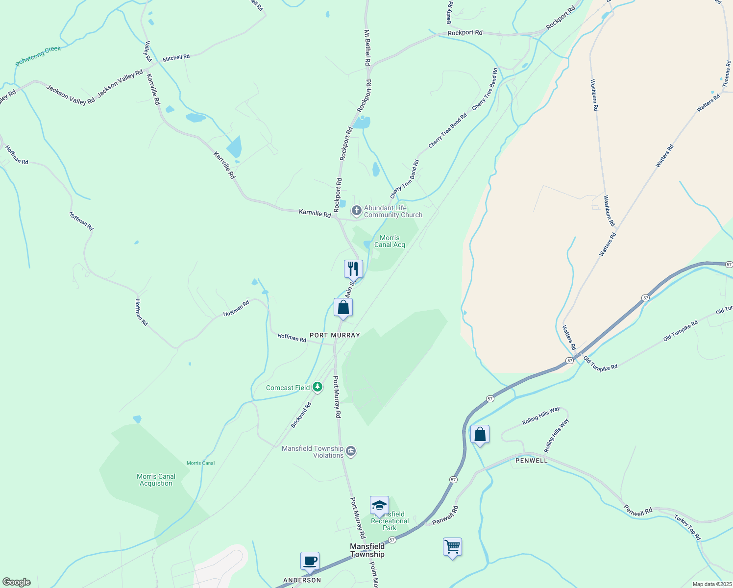 map of restaurants, bars, coffee shops, grocery stores, and more near 10 Towpath Rd in Mansfield Township