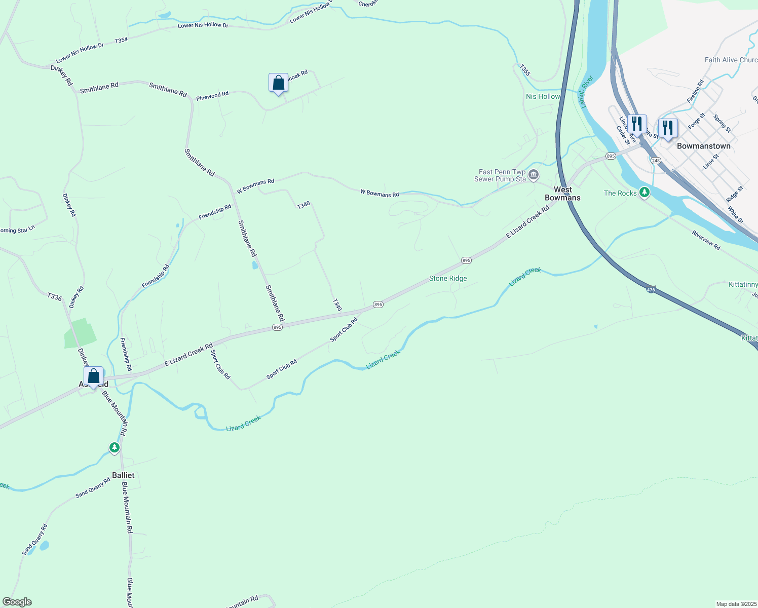 map of restaurants, bars, coffee shops, grocery stores, and more near East Lizard Creek Road in LEHIGHTON Borough