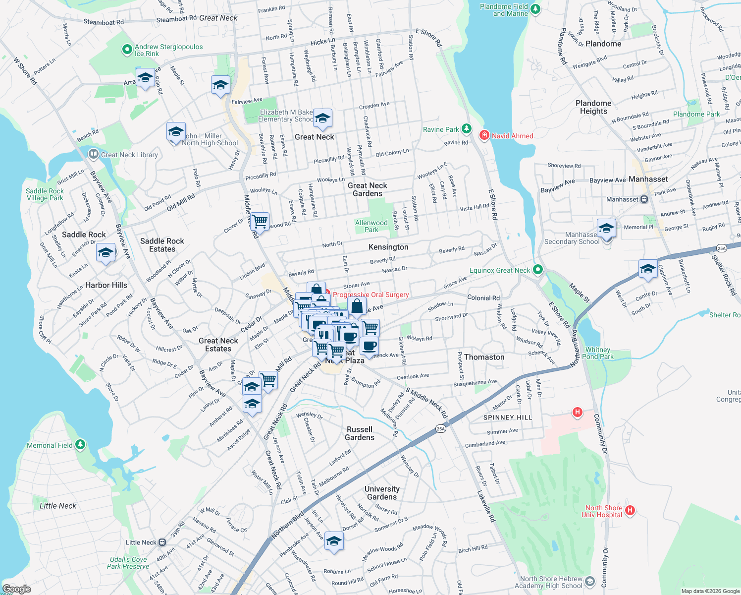 map of restaurants, bars, coffee shops, grocery stores, and more near 21 Canterbury Road in Great Neck