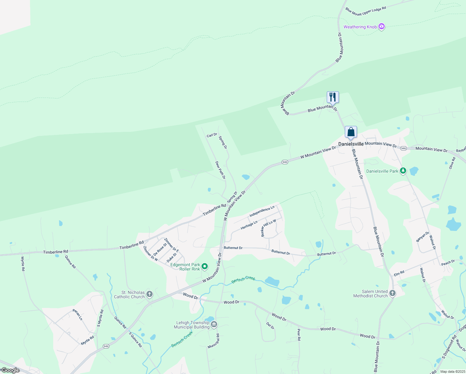 map of restaurants, bars, coffee shops, grocery stores, and more near 1323 Spring Drive in Walnutport