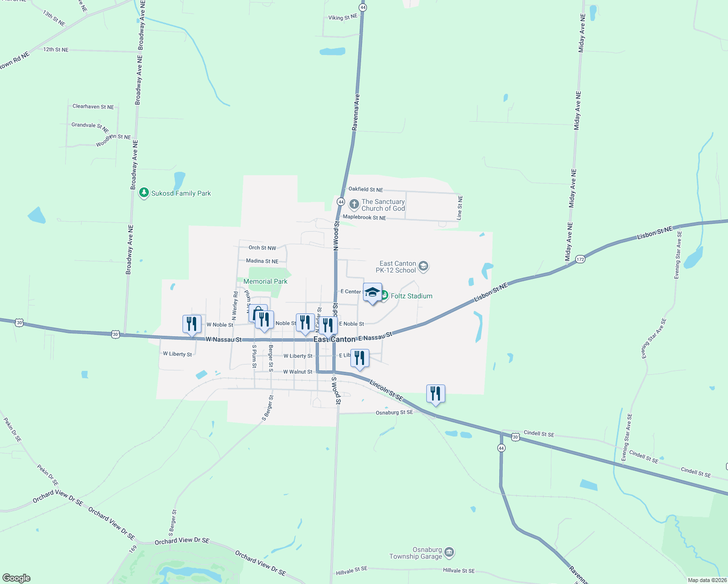 map of restaurants, bars, coffee shops, grocery stores, and more near 128 Willow Street in East Canton