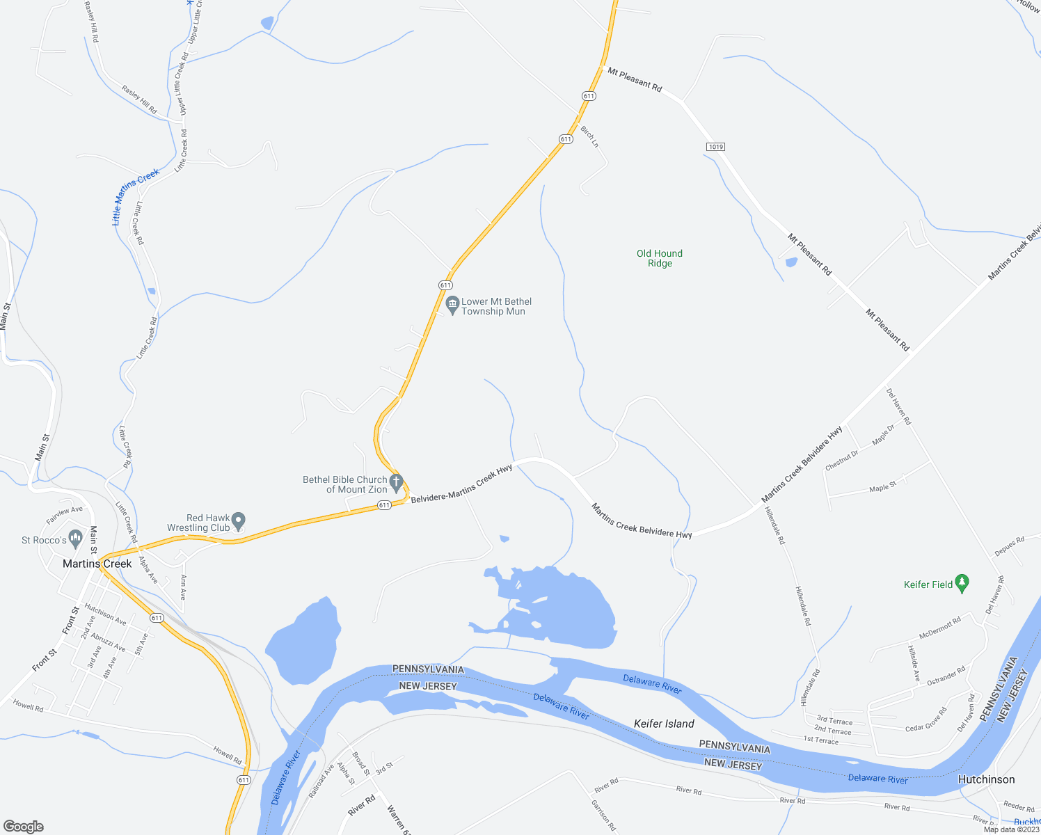 map of restaurants, bars, coffee shops, grocery stores, and more near 3554 Martins Creek Belvidere Highway in Bangor