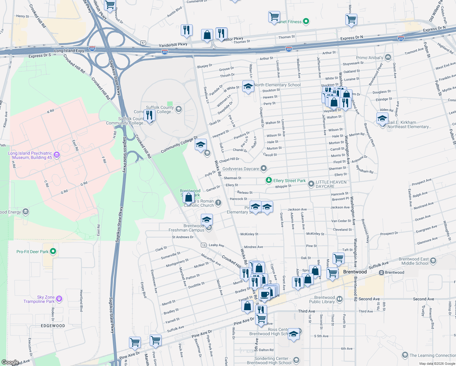 map of restaurants, bars, coffee shops, grocery stores, and more near 81 Ellery Street in Brentwood
