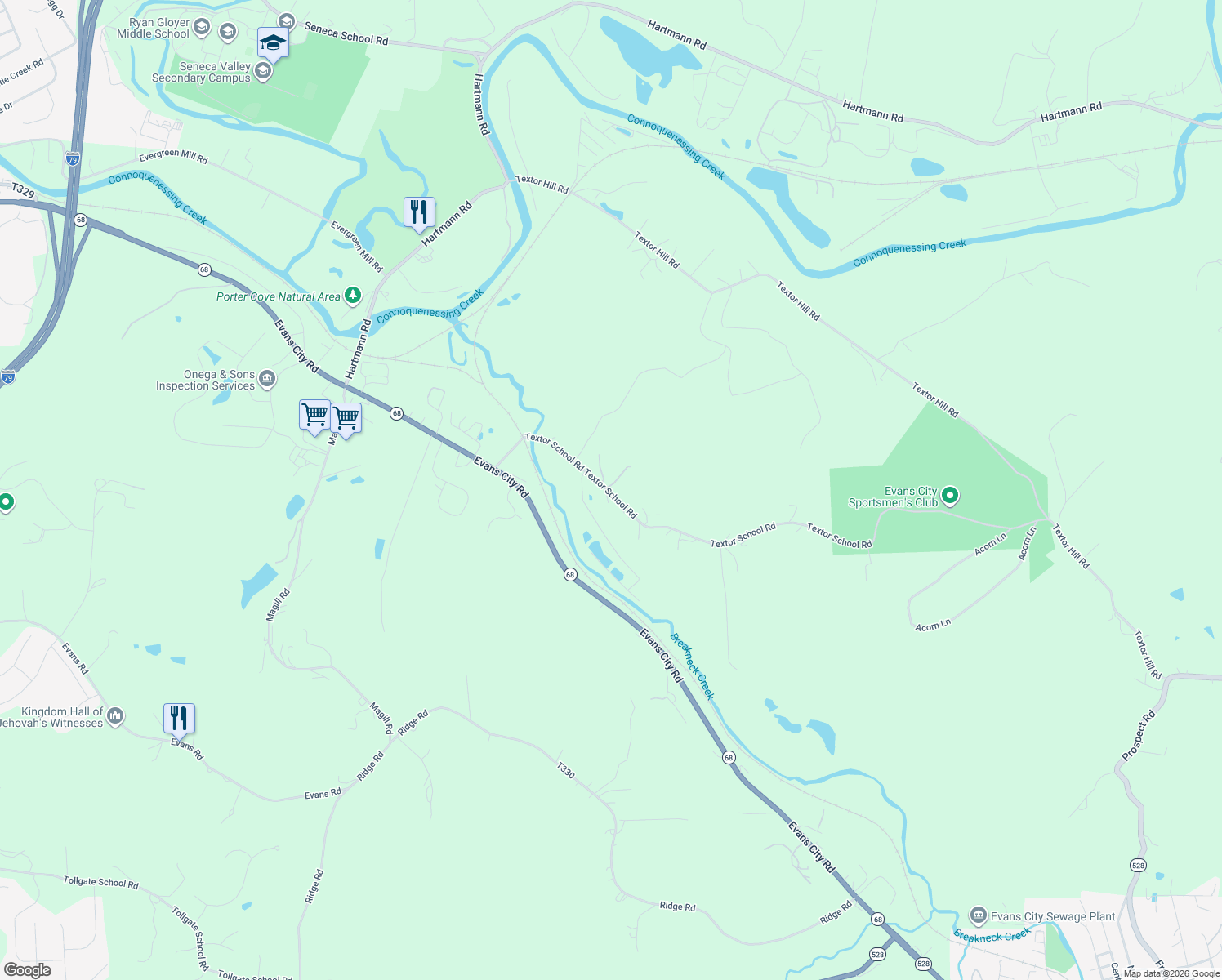 map of restaurants, bars, coffee shops, grocery stores, and more near 173 Textor School Road in Zelienople