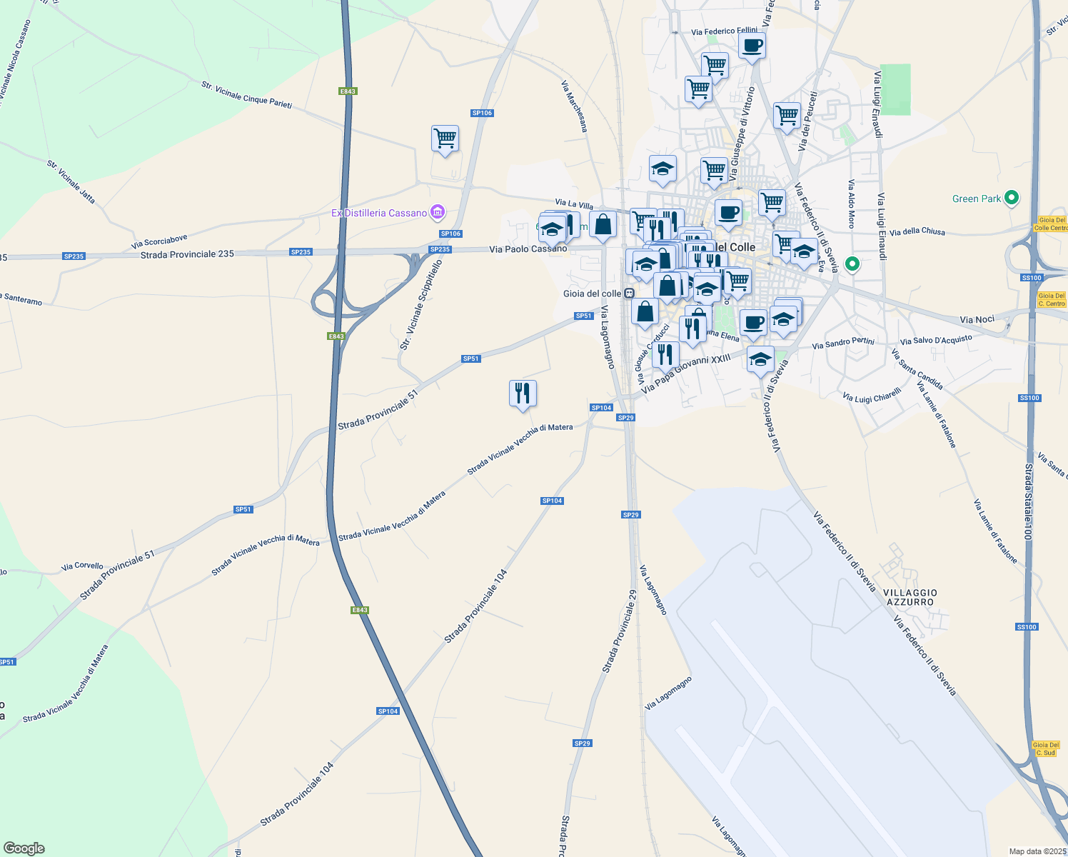 map of restaurants, bars, coffee shops, grocery stores, and more near Strada Provinciale 104 in Province of Bari