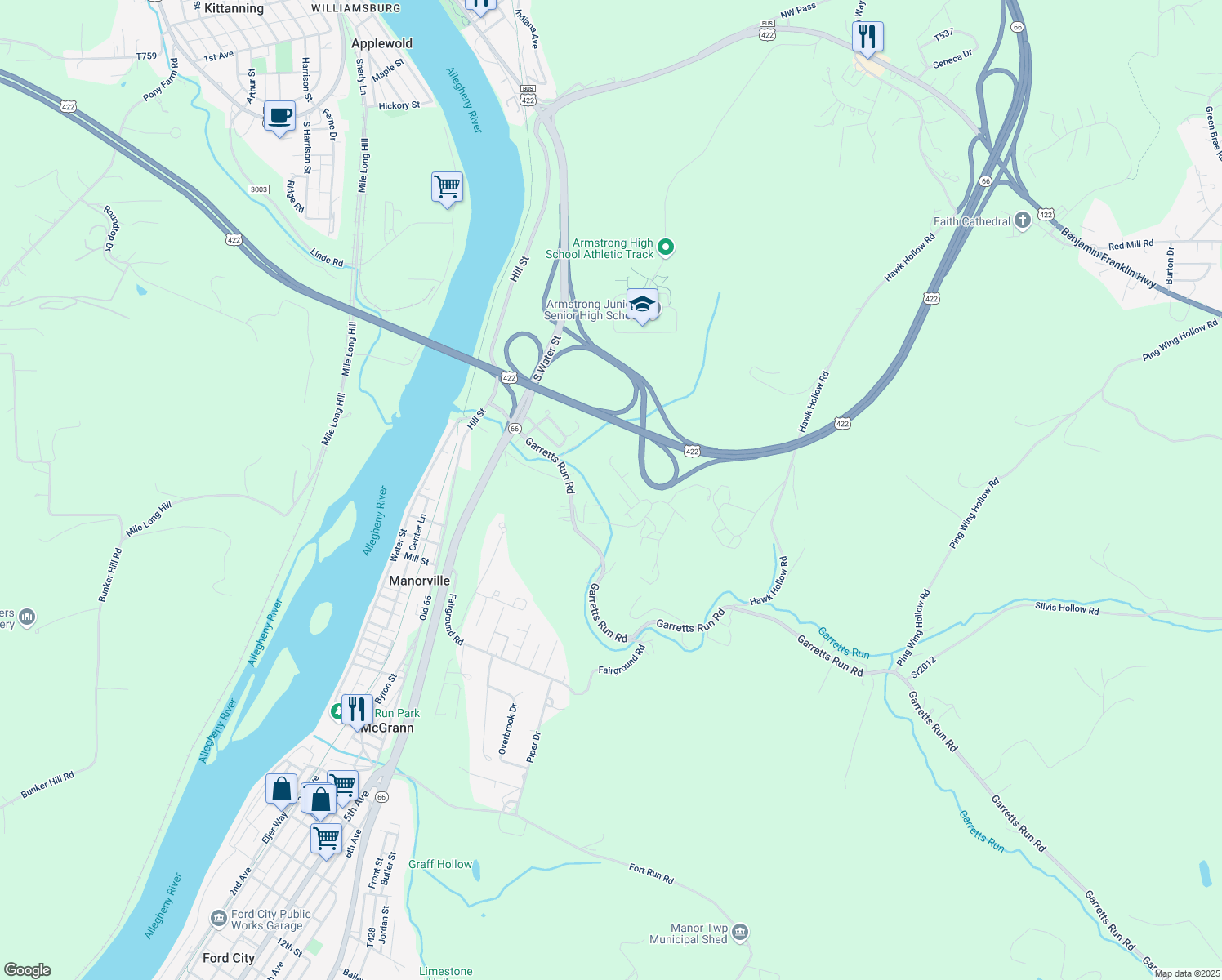 map of restaurants, bars, coffee shops, grocery stores, and more near 178 Goat Hill Road in Kittanning