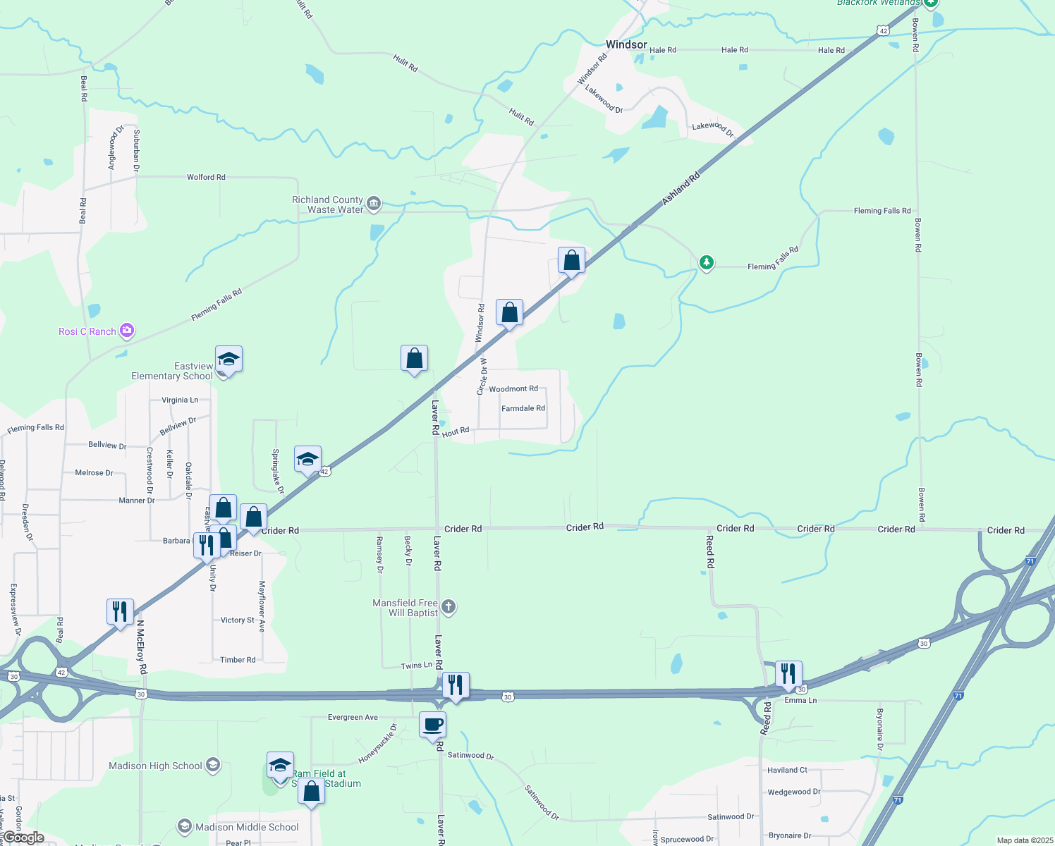 map of restaurants, bars, coffee shops, grocery stores, and more near 2005 Hout Rd in Mansfield
