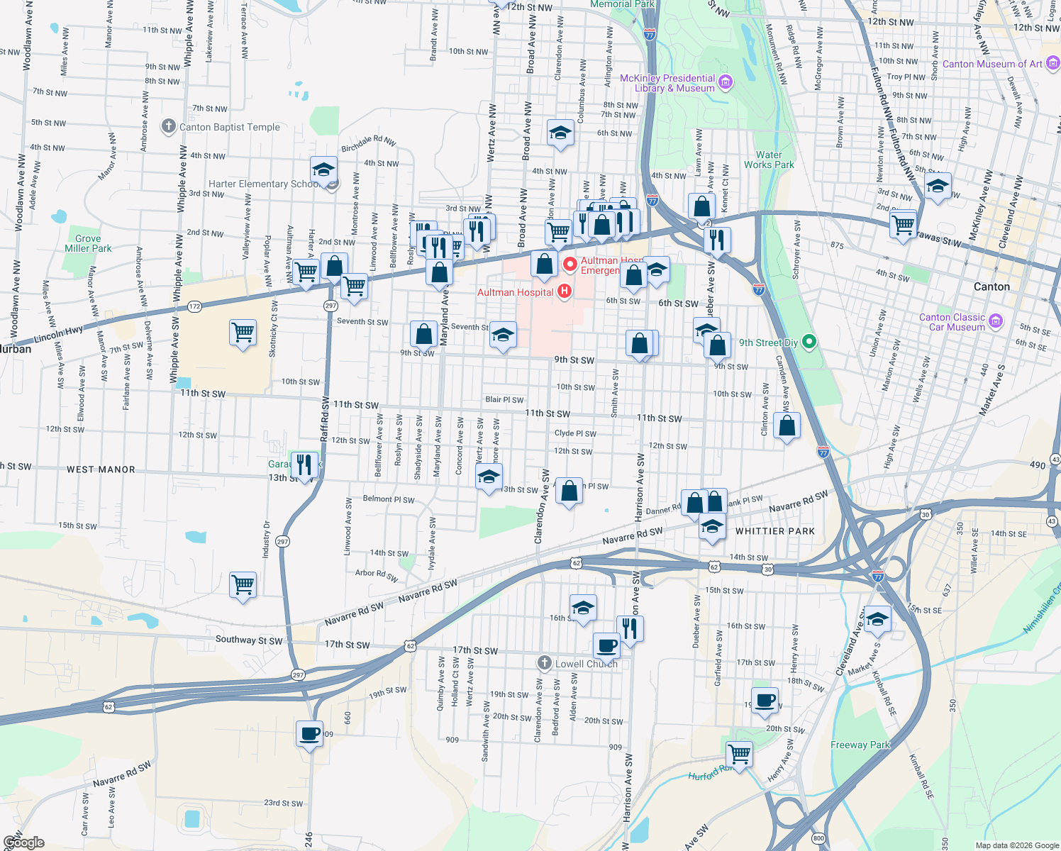 map of restaurants, bars, coffee shops, grocery stores, and more near 1118 Dartmouth Ave SW in Canton