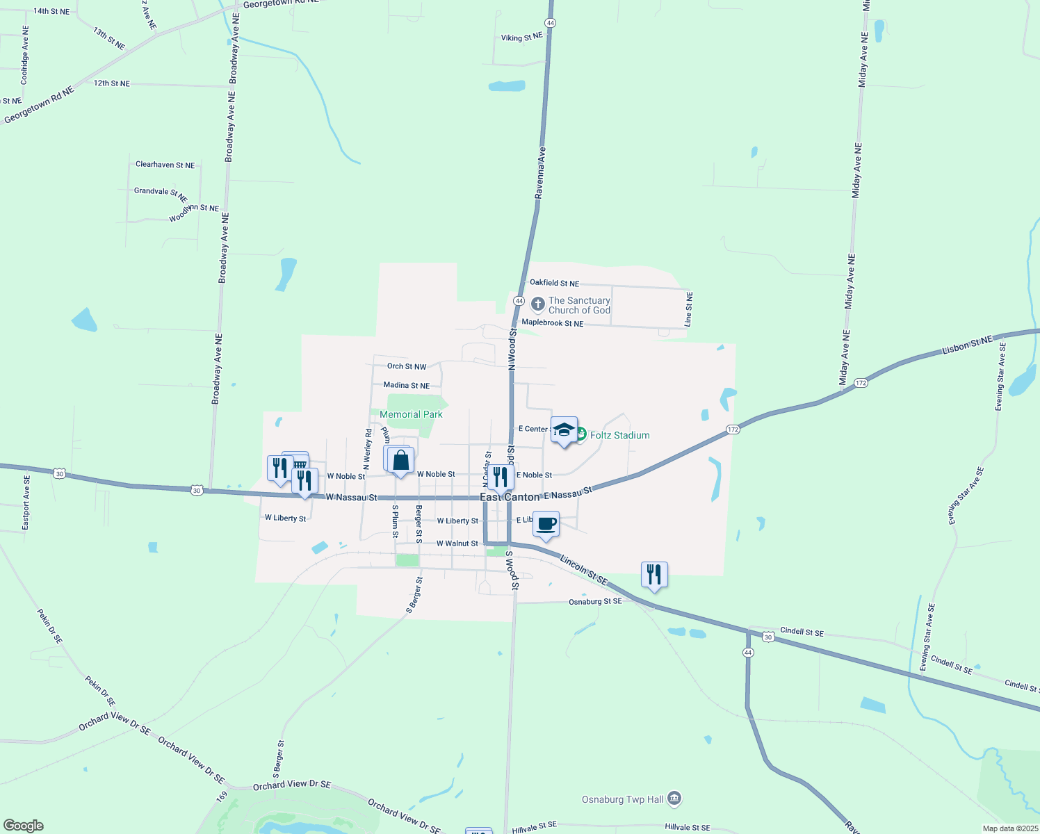 map of restaurants, bars, coffee shops, grocery stores, and more near 414 North Wood Street in East Canton