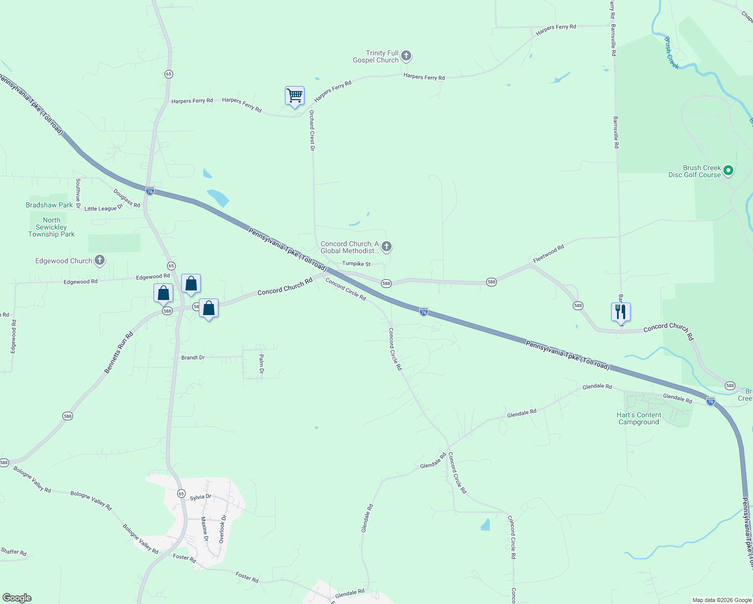 map of restaurants, bars, coffee shops, grocery stores, and more near 153 Concord Circle Road in Beaver Falls