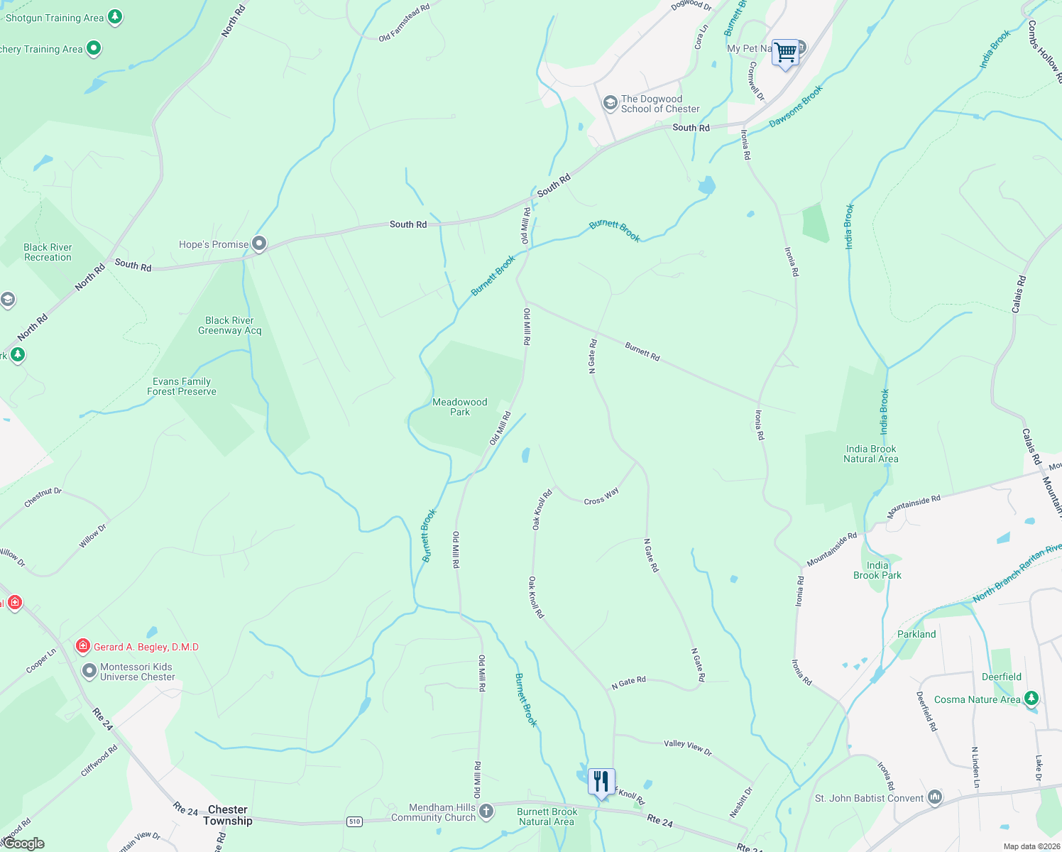 map of restaurants, bars, coffee shops, grocery stores, and more near 64 Old Mill Road in Chester