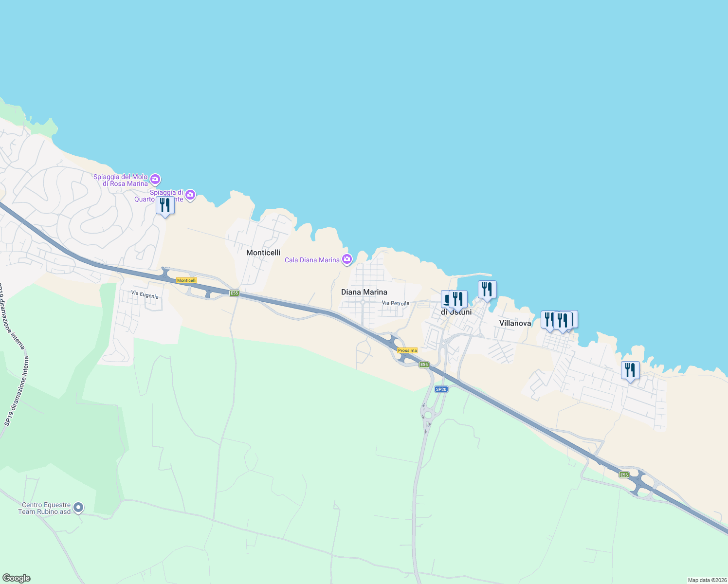 map of restaurants, bars, coffee shops, grocery stores, and more near Via delle Margherite in Diana Marina