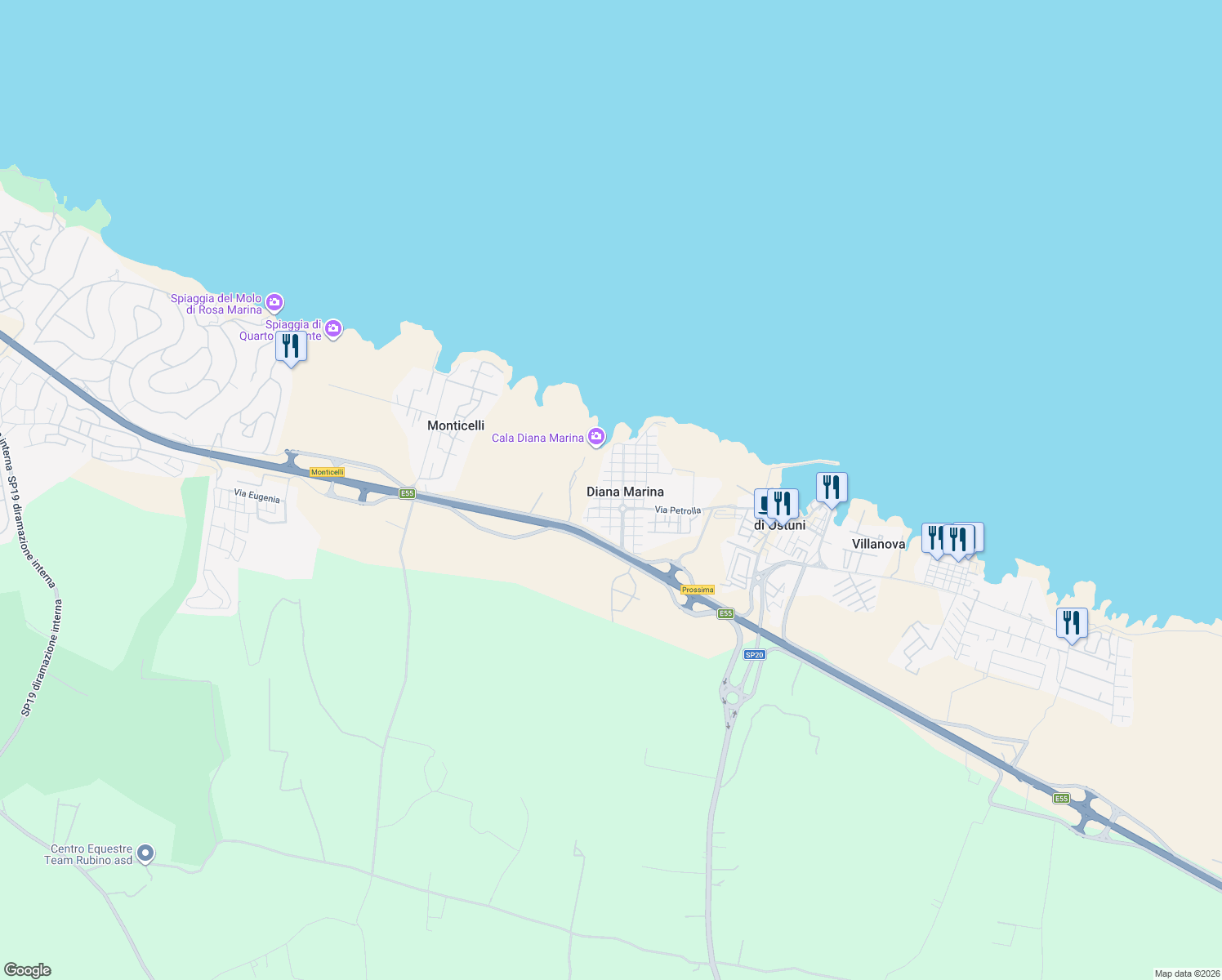 map of restaurants, bars, coffee shops, grocery stores, and more near Via delle Margherite in Diana Marina