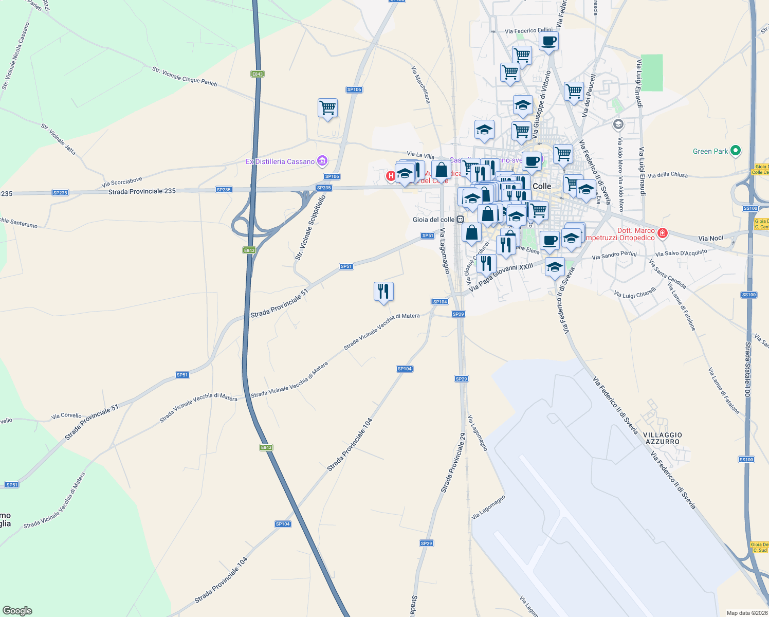 map of restaurants, bars, coffee shops, grocery stores, and more near Strada Provinciale 104 in Bari