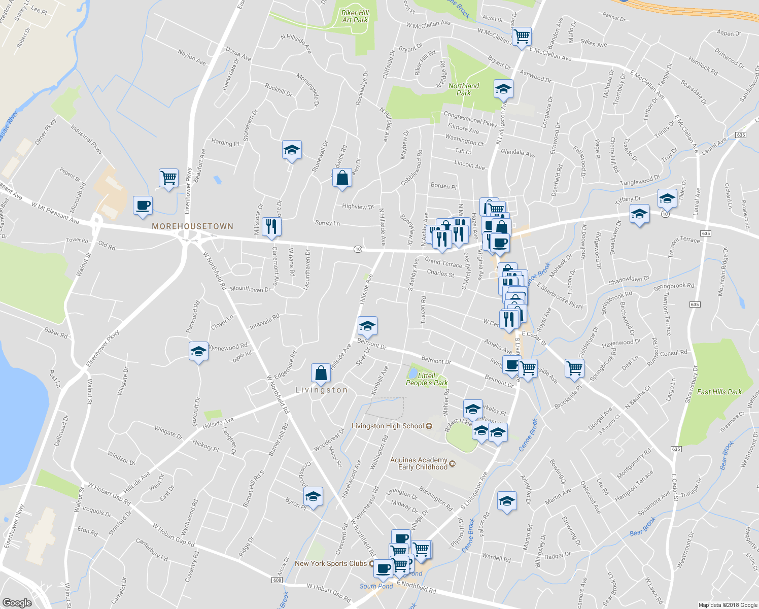 map of restaurants, bars, coffee shops, grocery stores, and more near 23 Fairfax Drive in Livingston