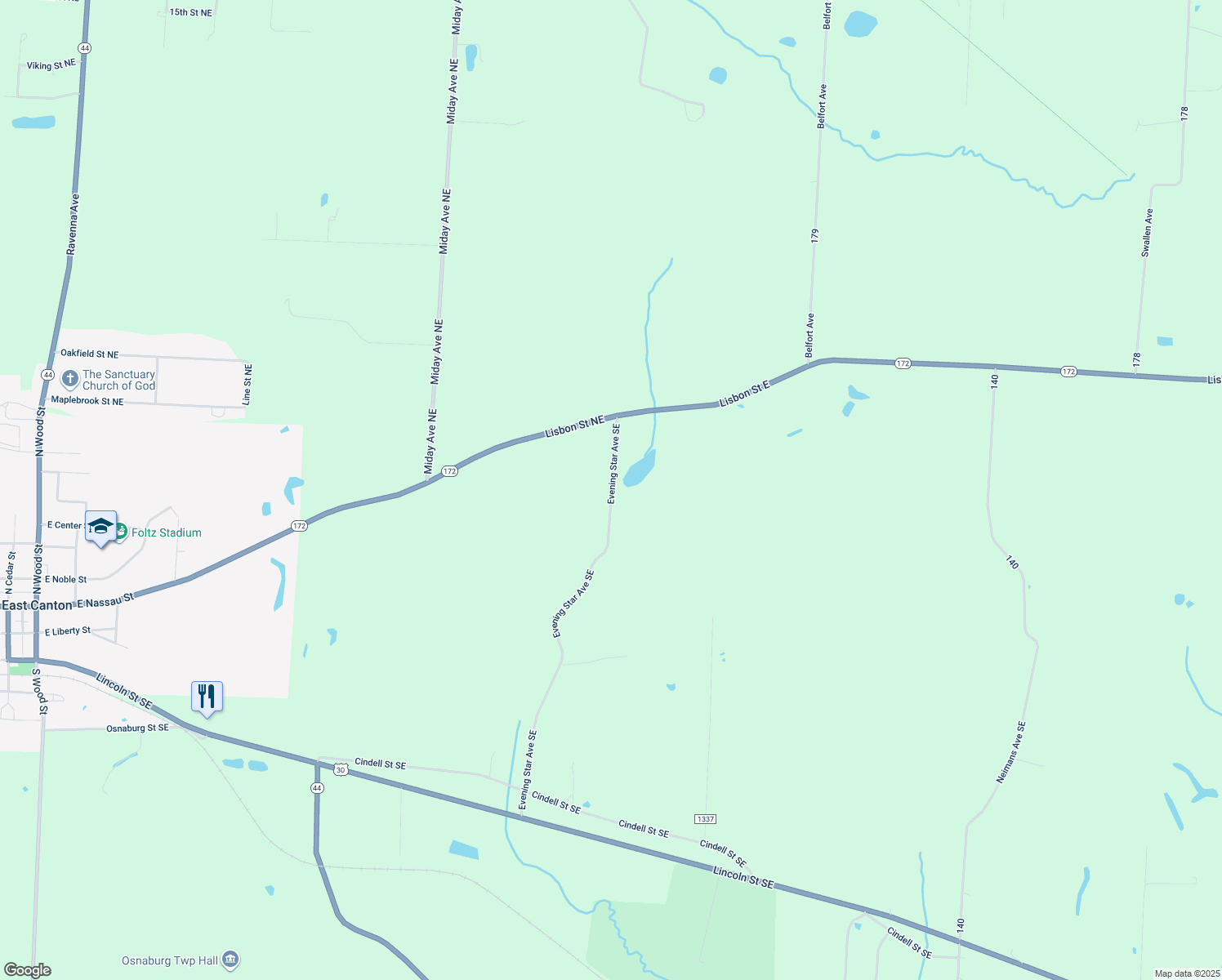map of restaurants, bars, coffee shops, grocery stores, and more near 693 Evening Star Avenue Southeast in East Canton