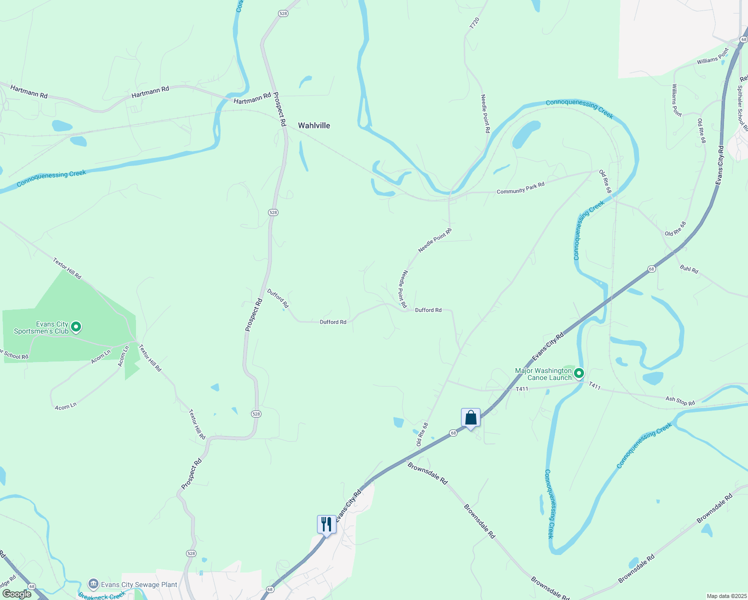 map of restaurants, bars, coffee shops, grocery stores, and more near 205 Dufford Road in Evans City