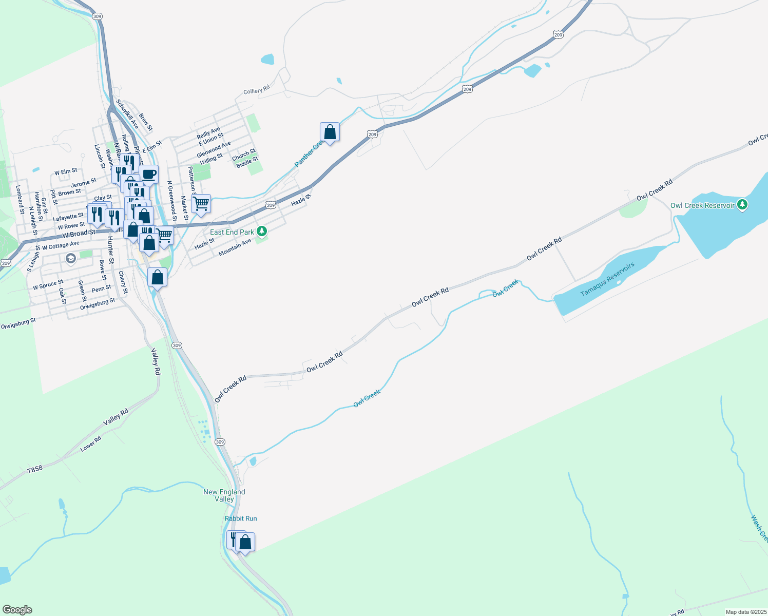 map of restaurants, bars, coffee shops, grocery stores, and more near 187 Owl Creek Rd in Tamaqua