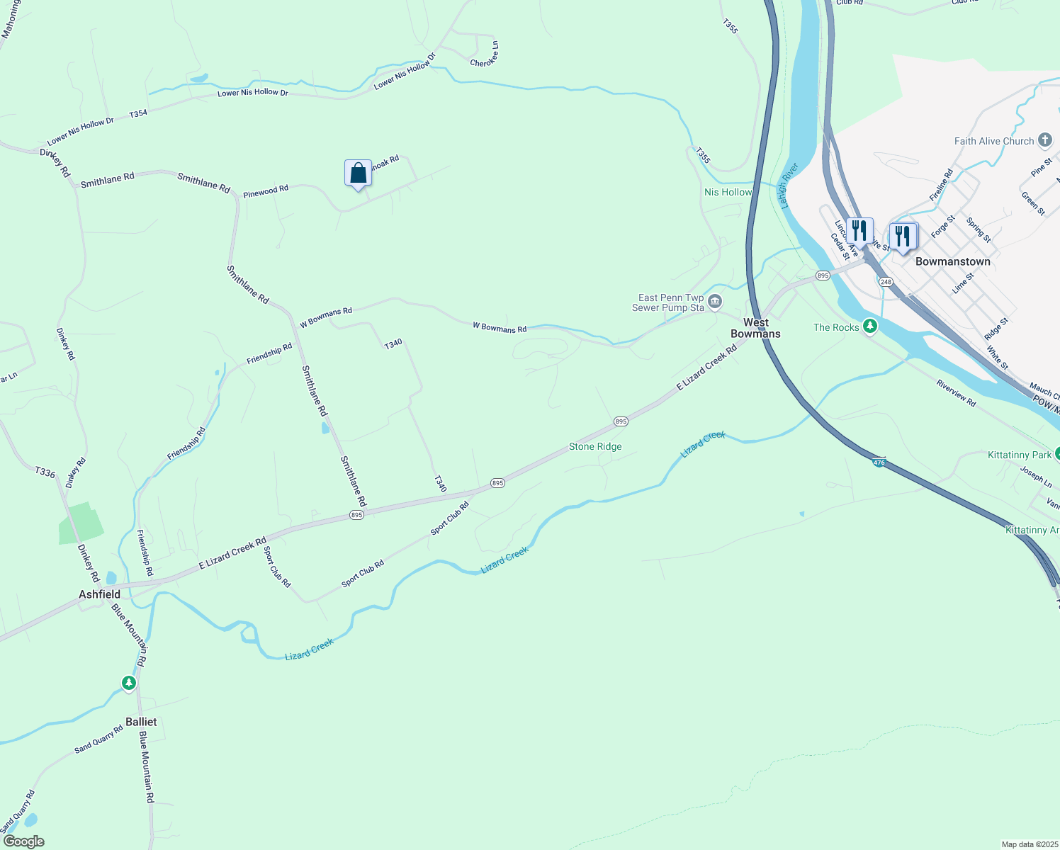 map of restaurants, bars, coffee shops, grocery stores, and more near 1485 E Lizard Creek Rd in Lehighton